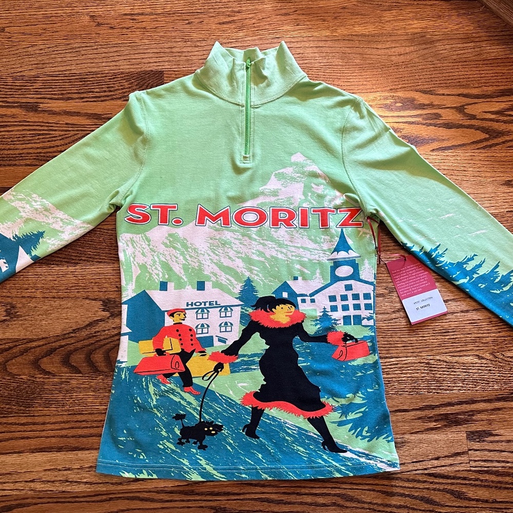 Neve Designs 1/4 Zip Base Layer Top RARE St Moritz Limited Edition Vintage Print